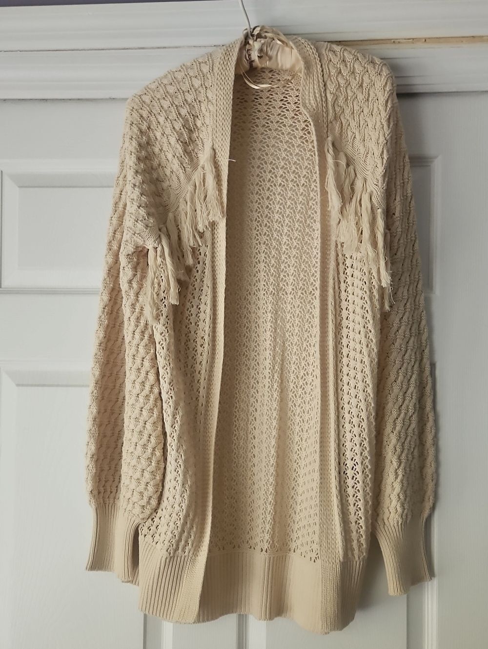 Frye Cream Open‑Front Fringe Knit Cardigan